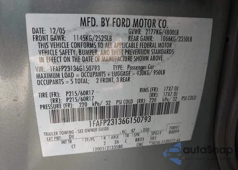 2006 Ford Five Hundred Se from USA, damaged, VIN 1FAFP23136G150793